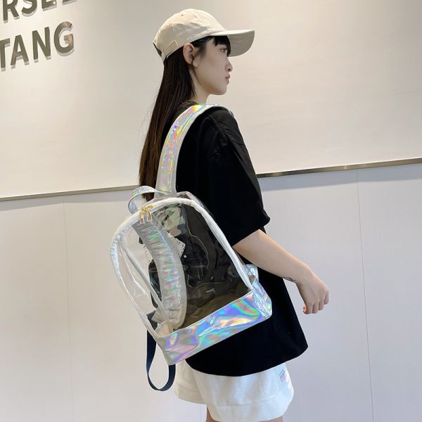 Stylish Transparent PVC Backpack Women's Jelly Stripe Stitching Rainbow Hologram for Daily