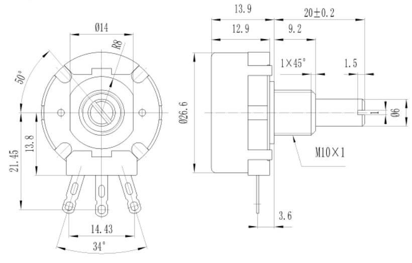RV28 28mm Carbon Composition Potentiometer Plastic Shaft For Welding Machine