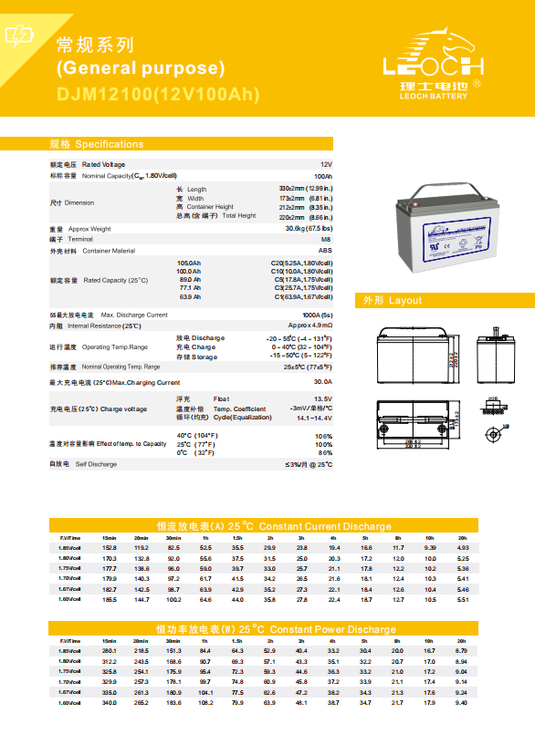 12V 100AH Leoch DJM12100 Maintenance Free Lead Acid Battery for UPS