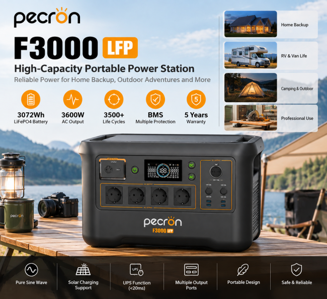 PECRON F3000LFP 3600W 3072Wh LiFePO4 Portable Power Station Solar Generator