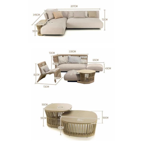 Outdoor Rope Woven Sectional Patio Furniture L-Shaped Conversation Sofa Set Chaise Lounge Right