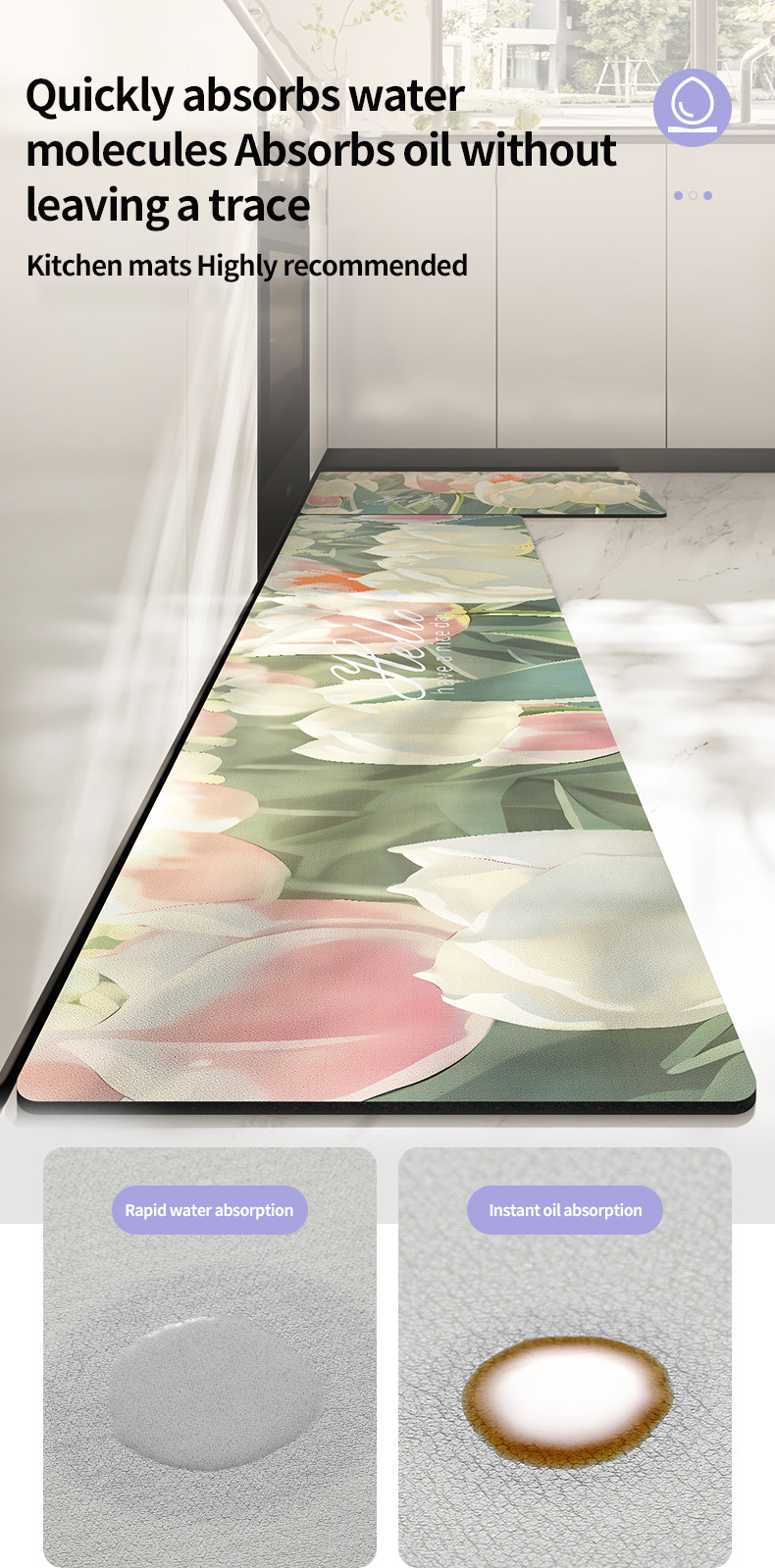 Simple Flower Kitchen Mat Absorbent and Wear-Resistant Long Strip Carpet for Household