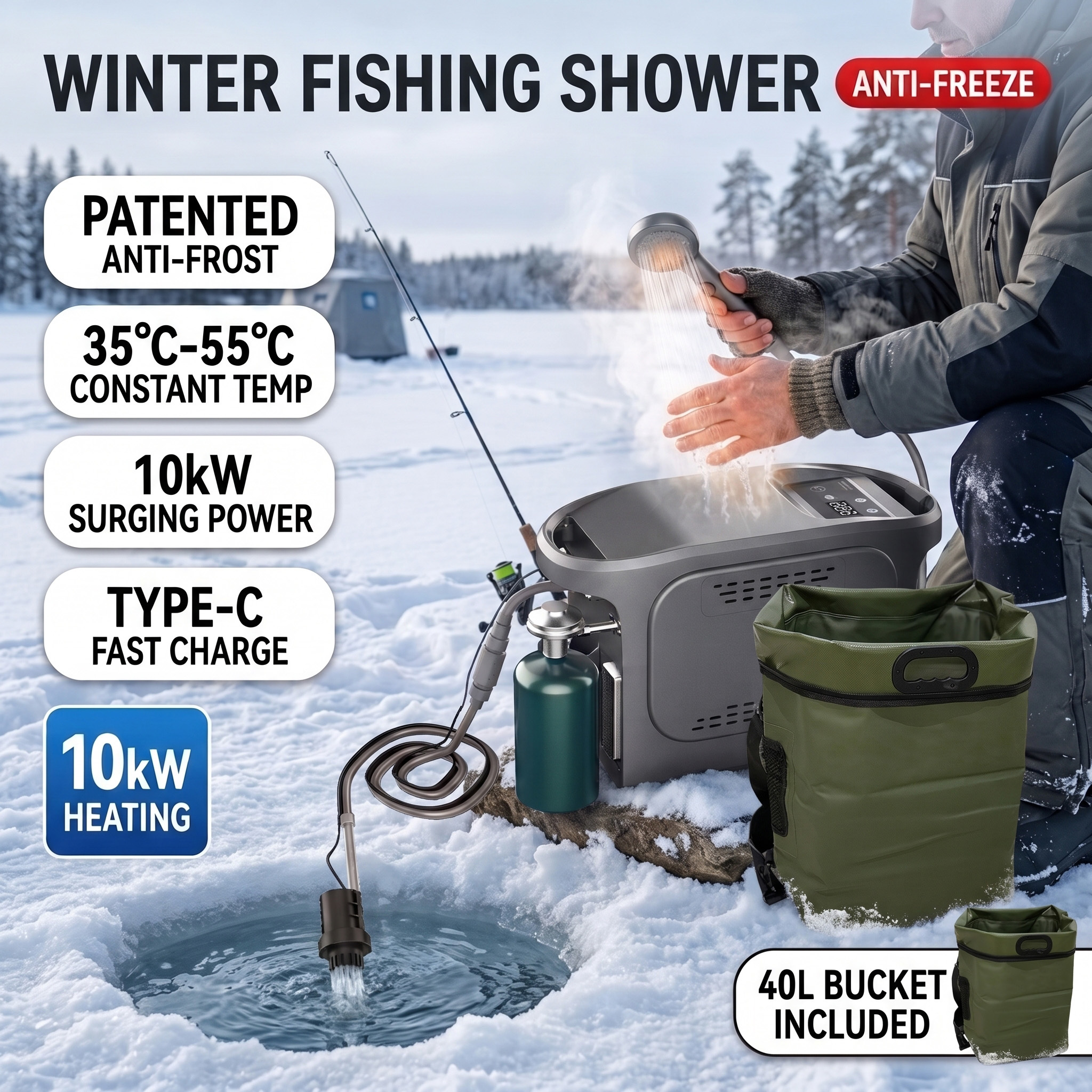 Winter Ice Fishing Anti-Freeze Shower 10kW Portable Propane Water Heater