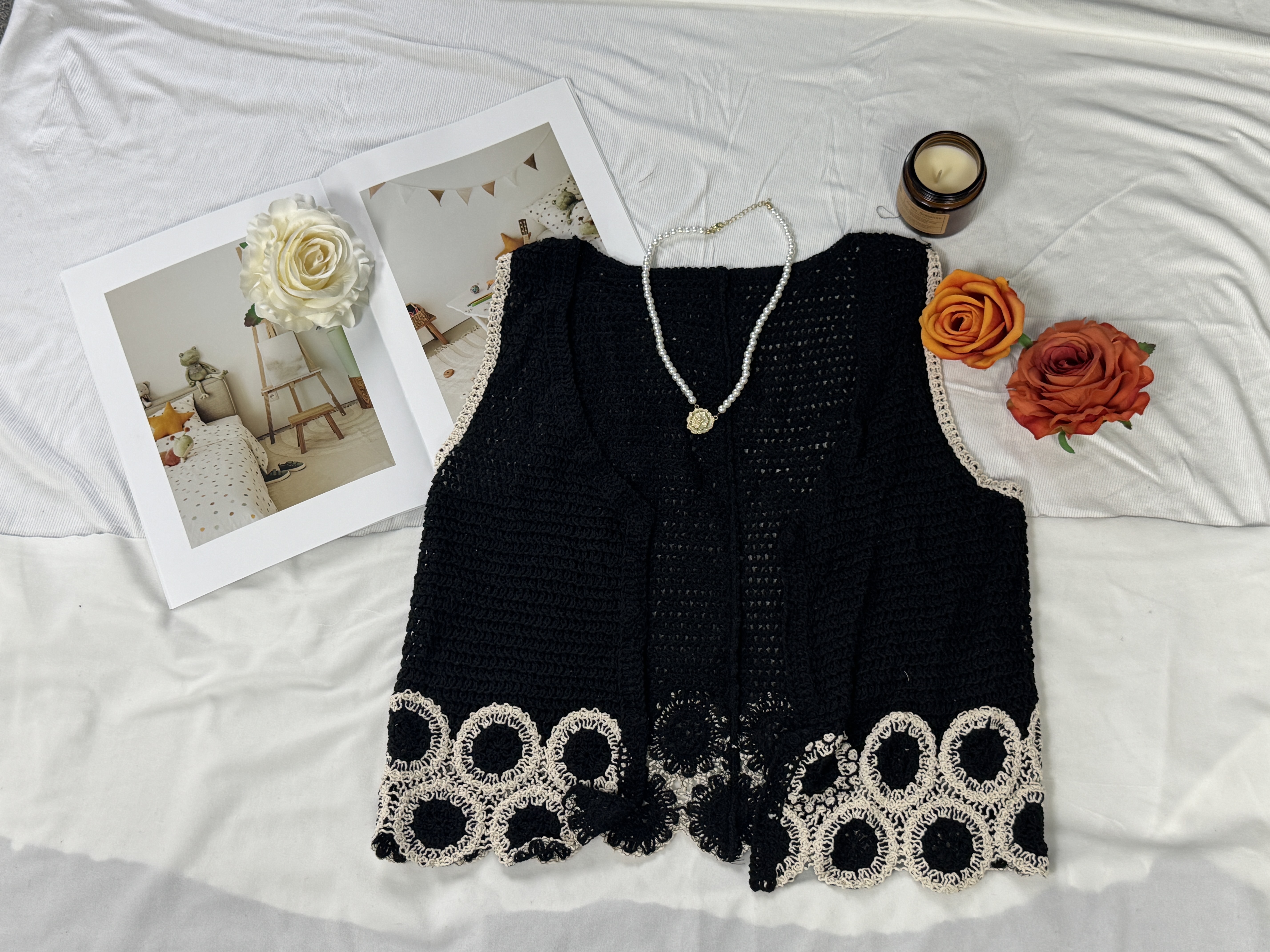 Bohemian lace knit vest retro hollow knit V-neck sleeveless camisole tank top