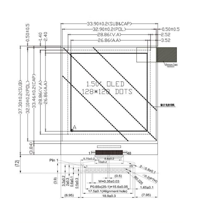 1.5 дюймовый Pmoled, разрешение 128x128, 25 пин 3/4 Spi I2c интерфейс, белый синий OLED дисплей