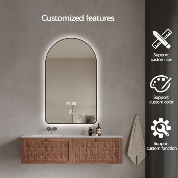 Gold Aluminum Frame LED Bathroom Mirror Anti Fog Touch Sensitive Mirror Arched LED Back Light Mirror