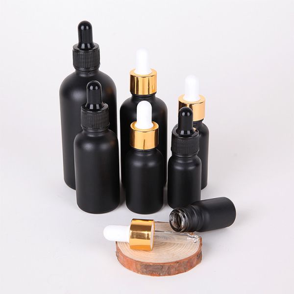 10ml 15ml 20ml 30ml 50ml 100ml Frosted Matte Black Round Essential Oil Glass Dropper Bottle With Gold Dropper