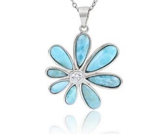 Cabochon Cut 925 Sterling Silver Larimar Pendant Necklace Blue Flower Gemstone