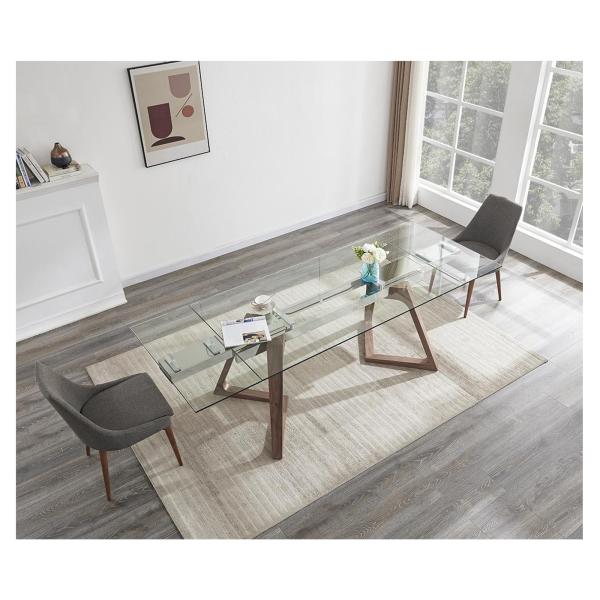 Tempered Glass Top Luxury Modern Dining Table Set Extendable With Walnut Veneer Legs
