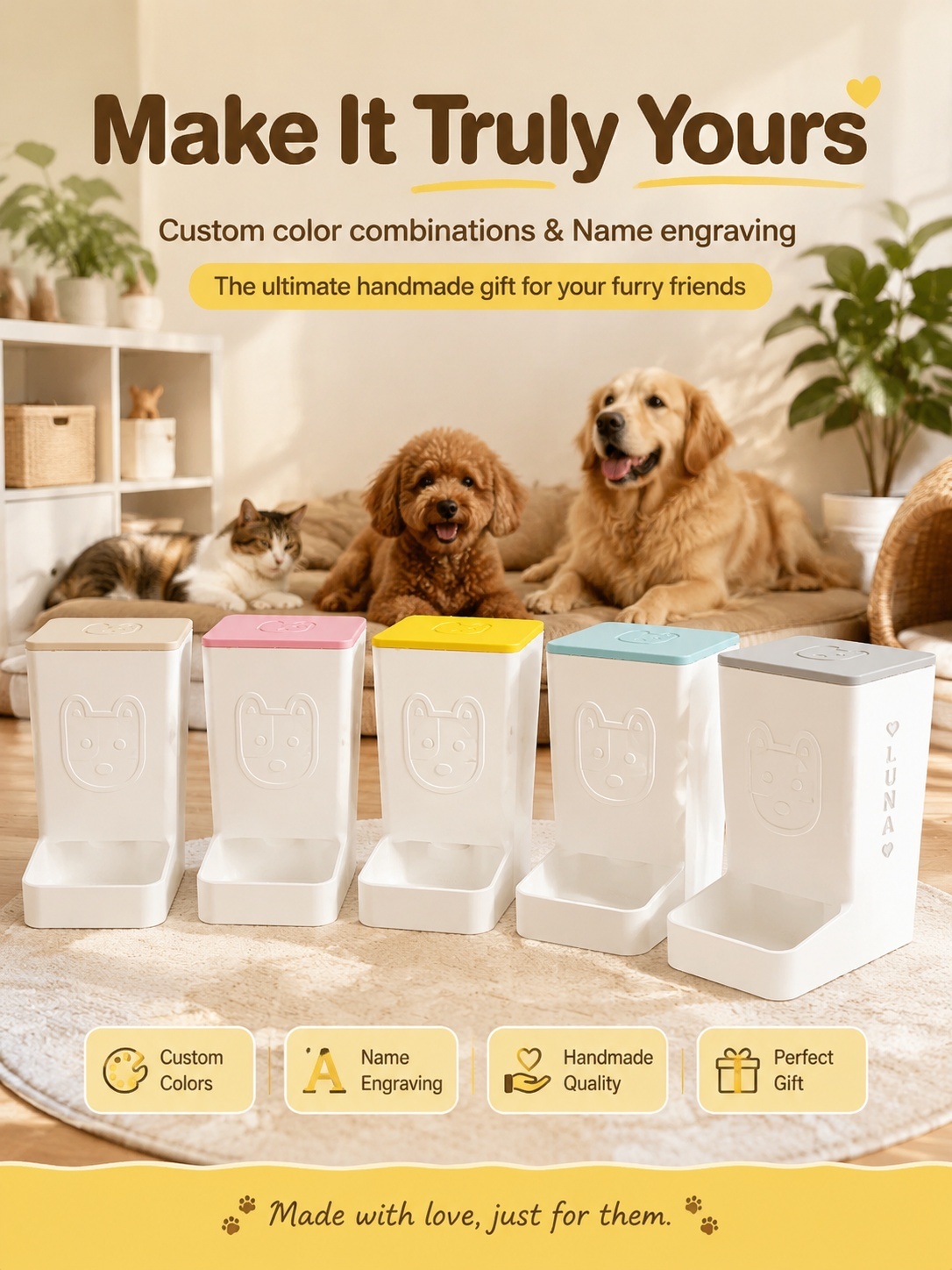 Automatic Gravity Feeding Desktop 3D Printed Pet Accessories, Small Dog Cat Bowl With Food Storage Function