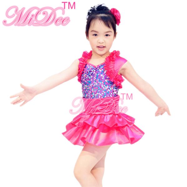 Satin Tiers Skirt Ruffle Neckline Confetti Sequins On Bodice Dress Dance Clothes for Kids' Performance