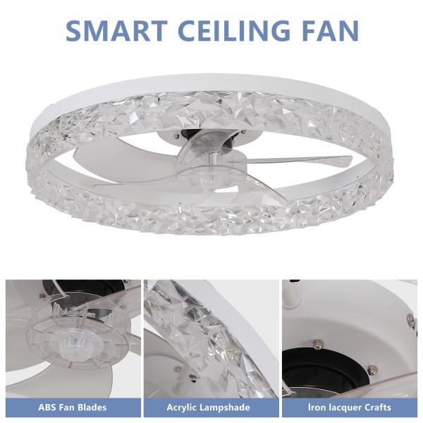 mayorista, fabricante, fábrica, lote, a medida, personalizado         Ventilador de techo acrílico moderno con luz, control remoto, LED regulable, candelabro, motor silencioso de 6 velocidades, montaje empotrado para sala de estar, dormitorio