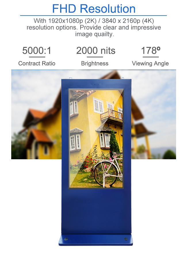 Navy Blue Outdoor LCD Digital Signage Totem WIFI 2.4G Bluetooth 5.0 Adjustable Screen Brightness