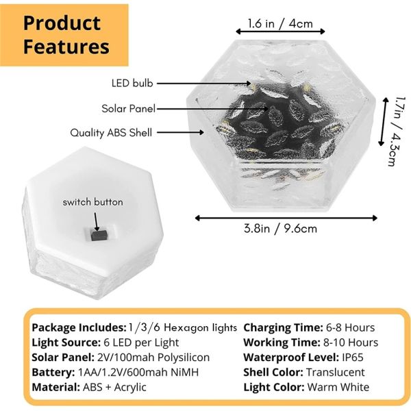 Solar Outdoor Waterproof Ice Brick Lights Decorative Hexagonal Buried Lights Courtyard Lawn Path Solar LED Lights