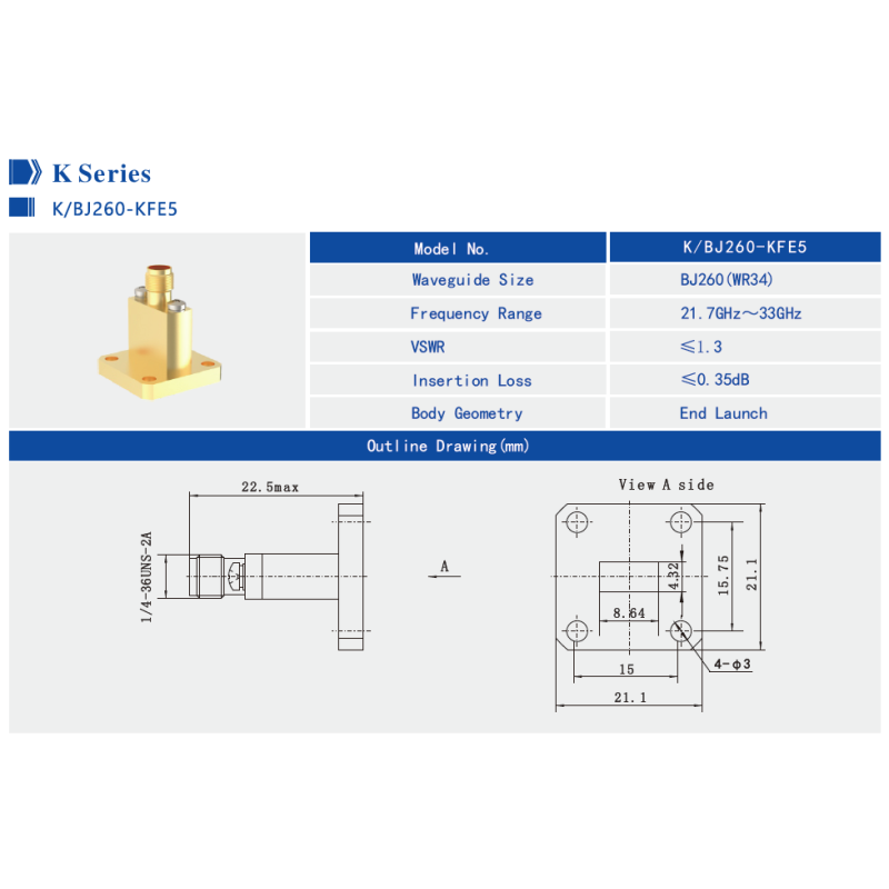 Waveguide to Coaxial Adapter with Waveguide Port as WR90，WR75, WR60, WR51, WR42, WR34, WR28, WR22, WR19, WR15, WR12, WR10, WRD750, WRD650, WRD500, WRD180 from 6.5GHZ to 145GHz
