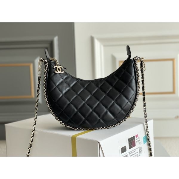 Black Chain Mini Sling Bag Branded Chanel Hobo Handbag Calfskin Leather