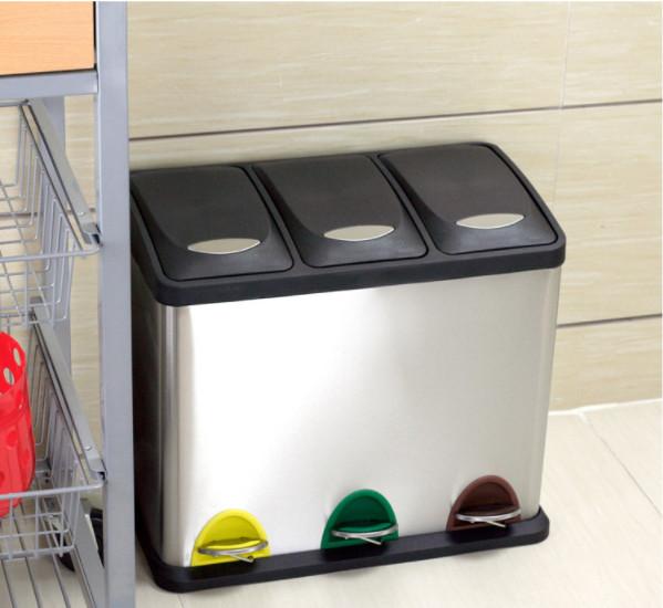 24L Three Compartment Foot Pedal Waste Bin Ashcan  Stainless Steel Trash Can