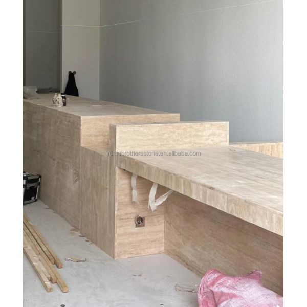 Polished Beige Round Travertine Dining Table Modern Stone Furniture for Living Room