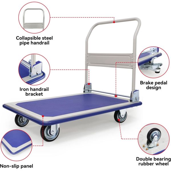 Folding Steel Trolley Platform Handtruck Brake Heavy Industrial Flatbed Truck Logistics Warehouse Handling