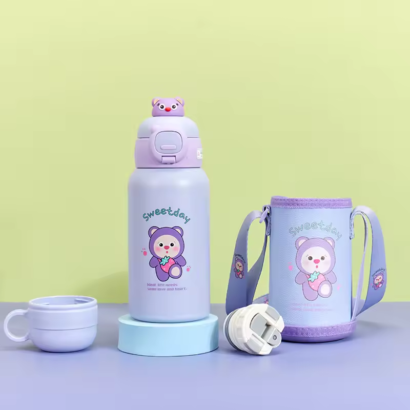 Portable Strap Water Bottle WITH LID Modern Design Cartoon Water Cup Stainless Steel
