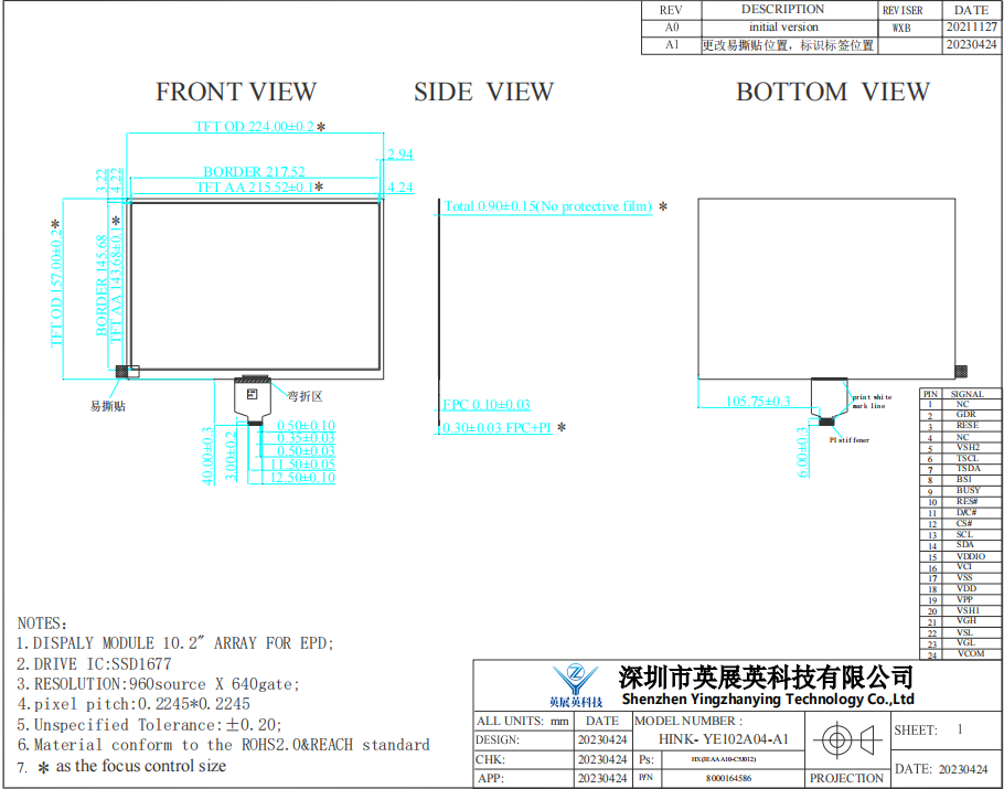 10.2 Inch E Paper Display 960*640 Resolution 24pin Low Power Consumption E Ink Screen