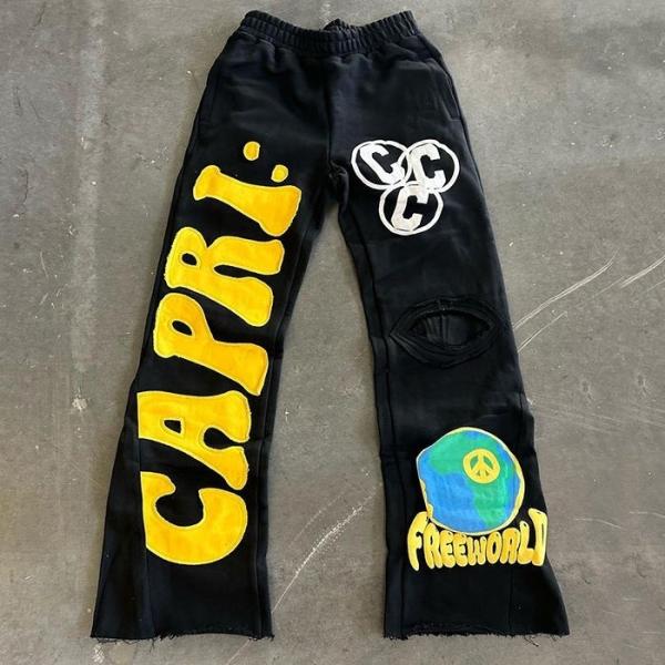 Patch Embroidery French Terry Acid Wash Raw Hem Distressed Flared Sweatpants Regular Fit 100% Cotton