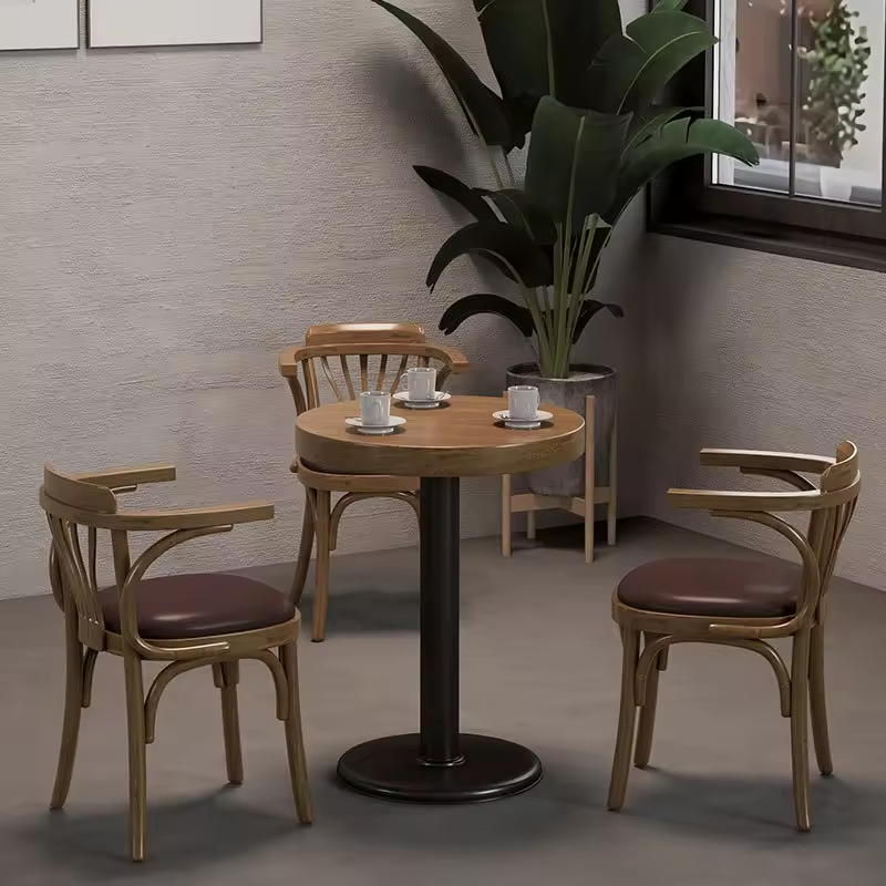 Retro American Style Solid Wood Metal Base Restaurant Furniture Cafe Table and Chair Set for Sale