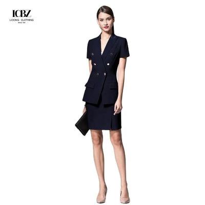 Dark Navy Slim Fit Blazer for Ladies Office Short Sleeve Women's Suits Collar V-neck
