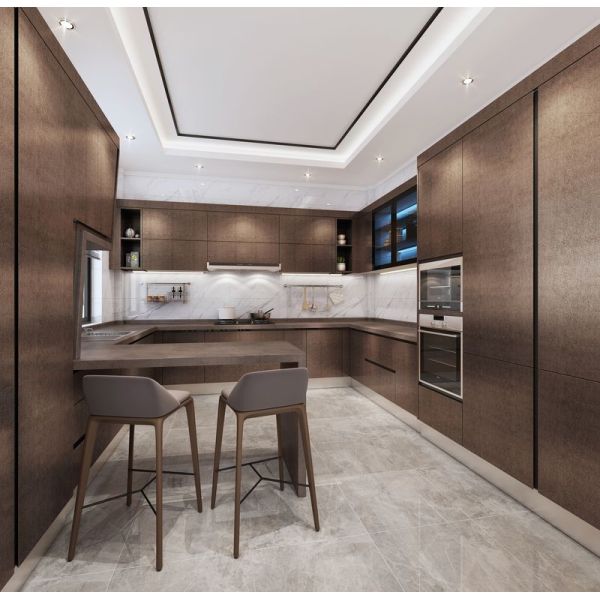 Modern U-Shaped Stainless Steel Kitchen Cabinets With Sleek Stone Grain Design