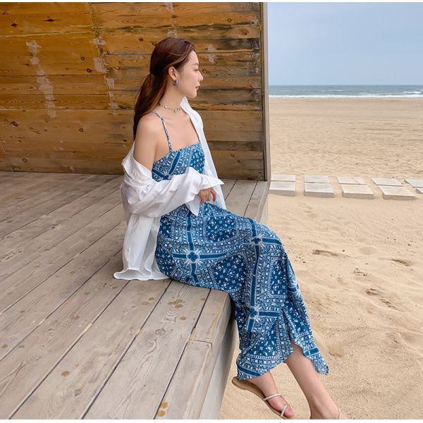 Blue Back Tie Halter Strap 104cm Bohemian Beach Dress