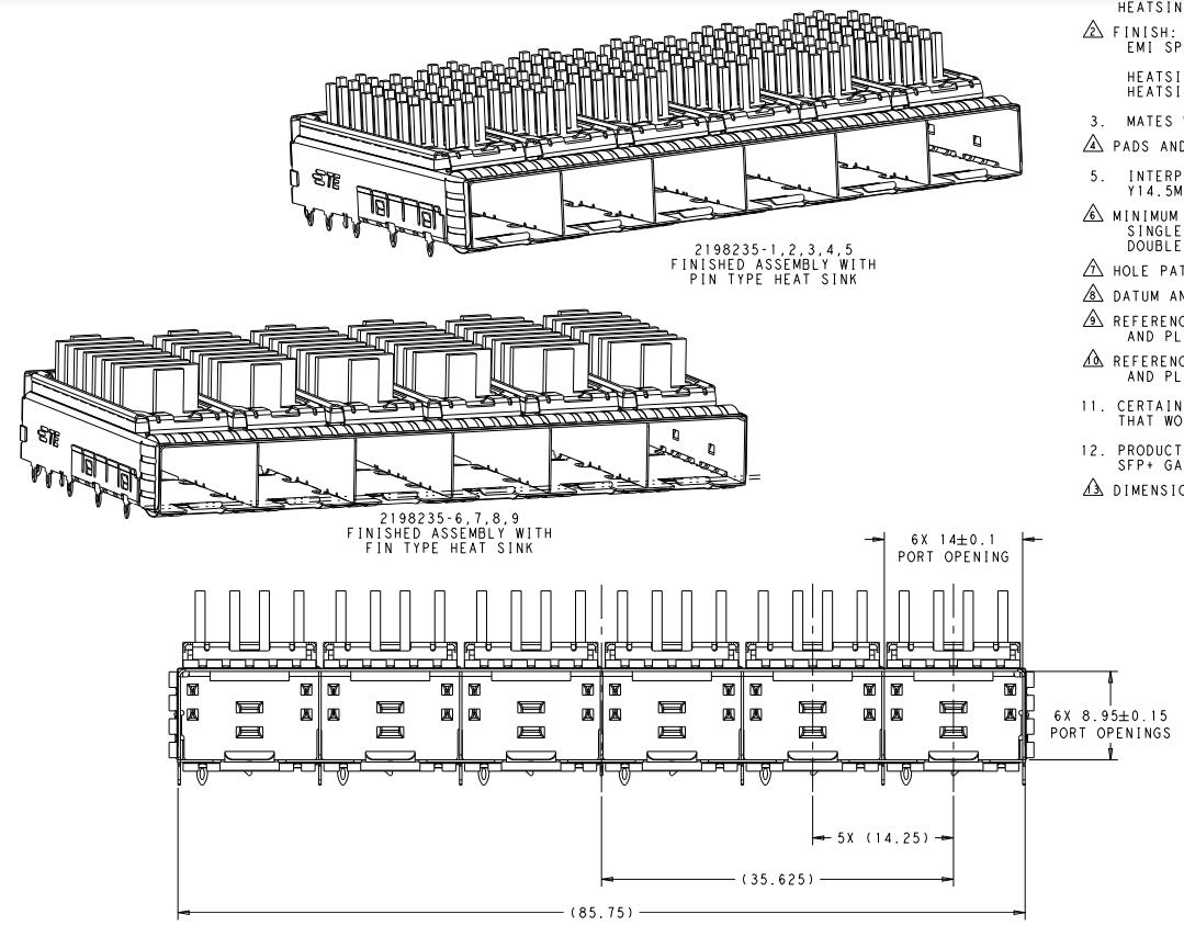 Клетка TE 2198235-3 SFP+ 1x6 с веснами теплоотвода внешними 16 Gb/S