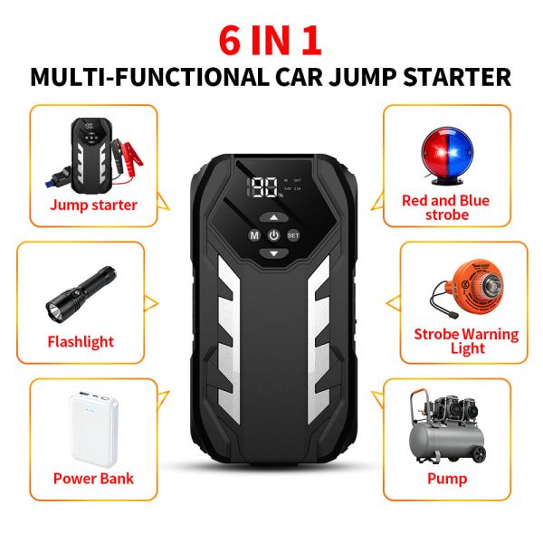 8000mAh 12V Vehicle Battery Jump Starter with Tire Inflator and Air Compressor Kit