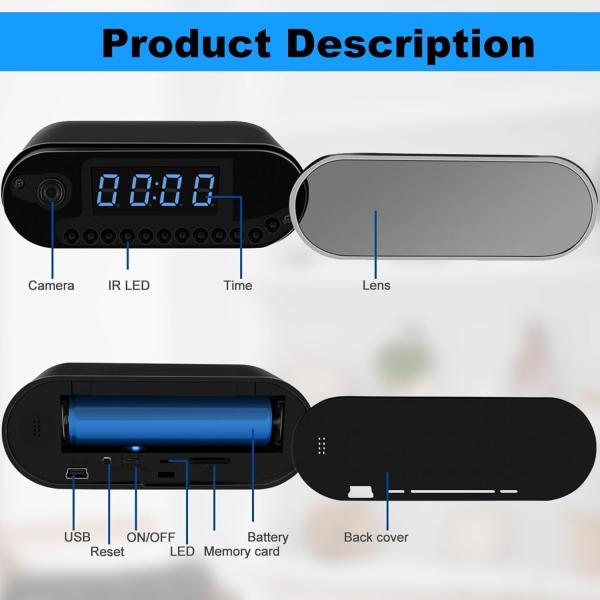 Black Alarm Clock Hidden Camera 1080P HD Wifi Spy Camera With Night Vision