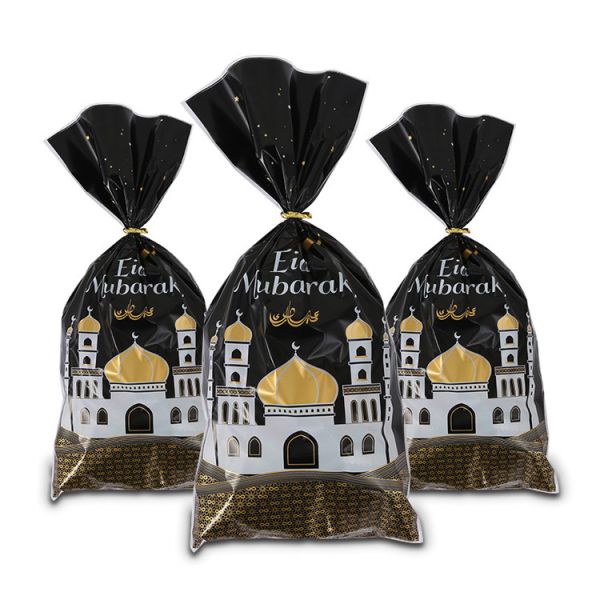 Printed Eid Mubarak Cellophane Clear Plastic Party Treat Bags With Twist Ties
