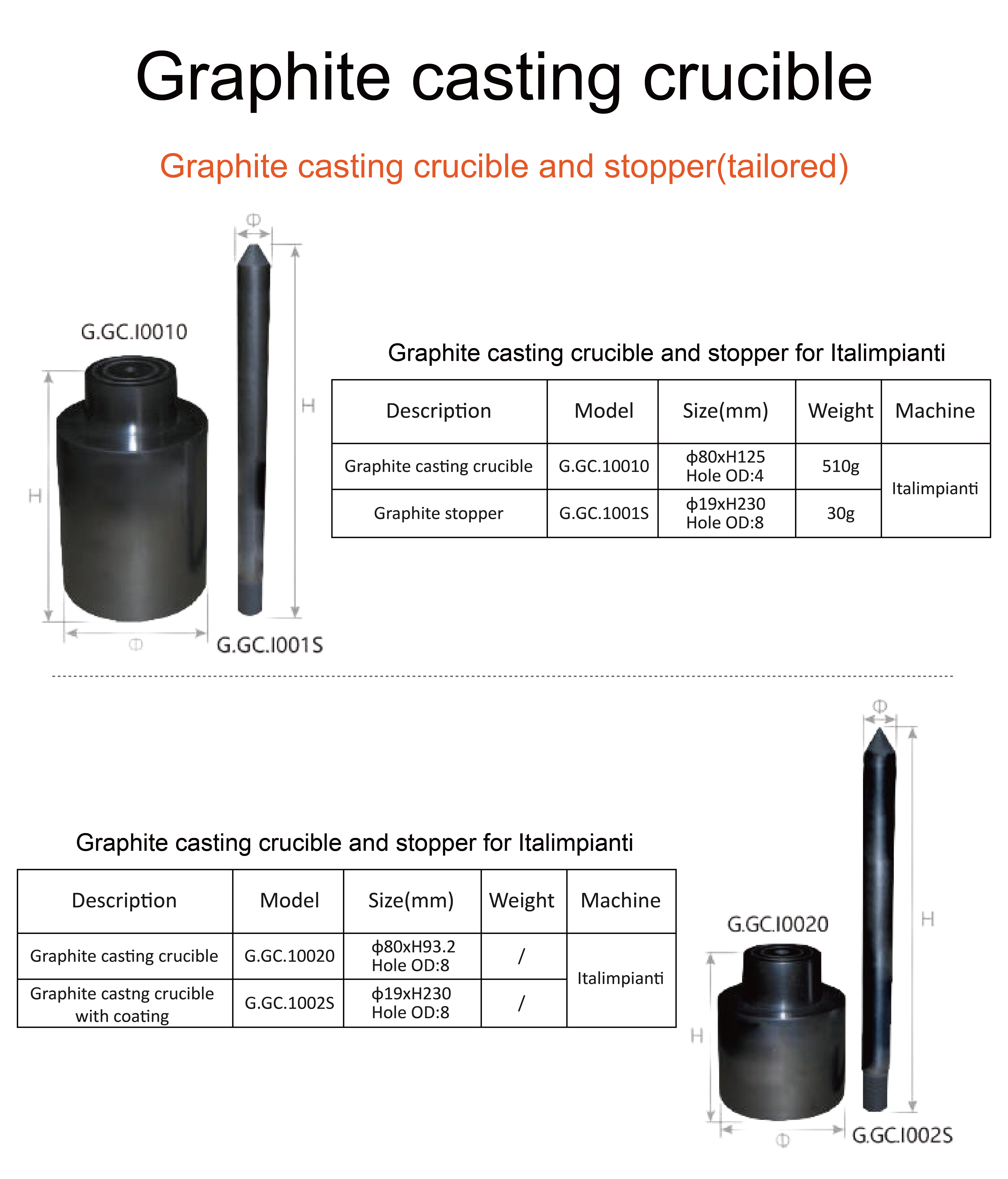 Graphite Casting Crucible And Stopper For Italimpianti Machine