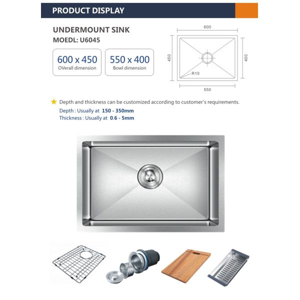 25 Inch Undermount Kitchen Sink , 60x45 16 Gauge Stainless Steel Sink