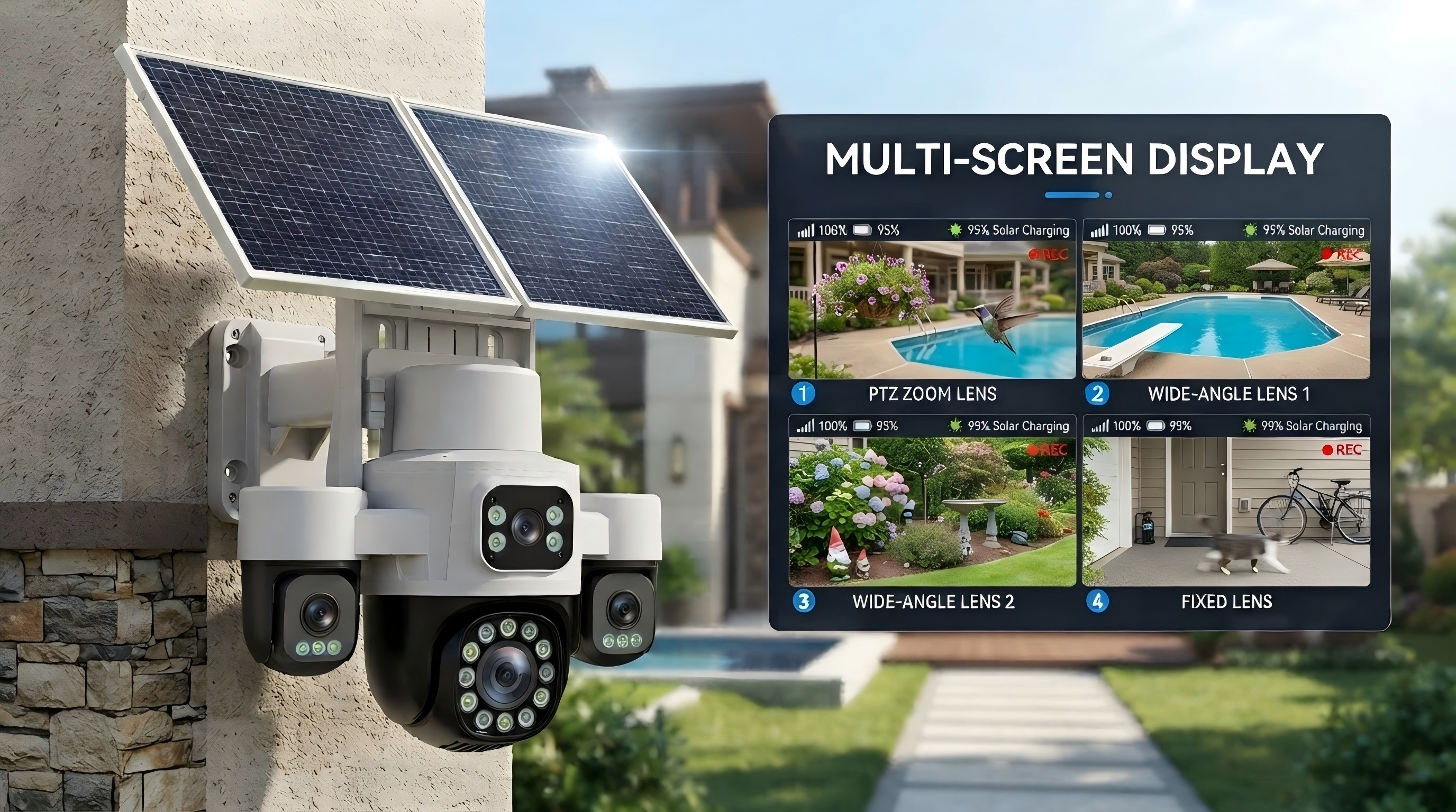 Outdoor AOV 4K HD AI Solar Camera 4G SIM 4 Lens 4 Screen Solar Battery Camera