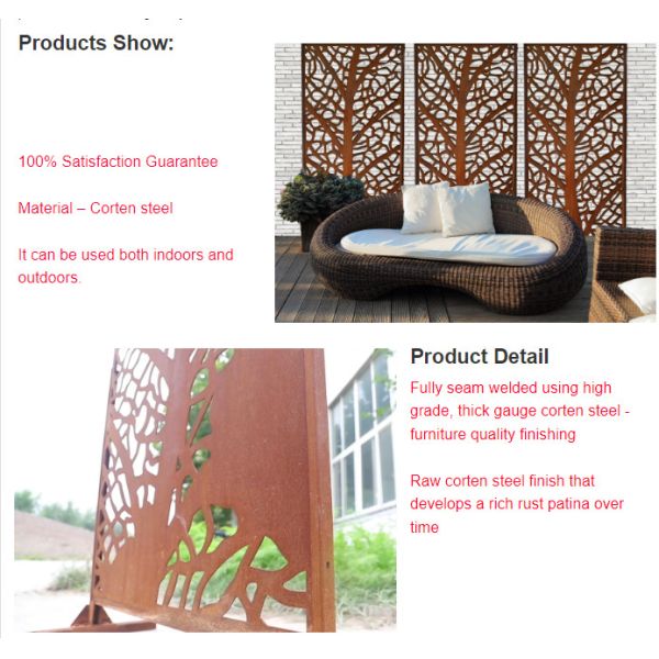 Decorative Outdoor Privacy Art Corten Steel Garden Screen Laser Cut
