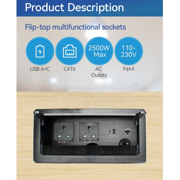 Damping Silent power Flip Up Electrical Outlet Plug Socket UKCA Certificated OEM