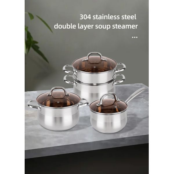 Wholesale 18/8 Stainless Steel Cooking Soup Pot Set Kitchen Ware Double Bottom Induction Pan & Pot Set Cookware Set