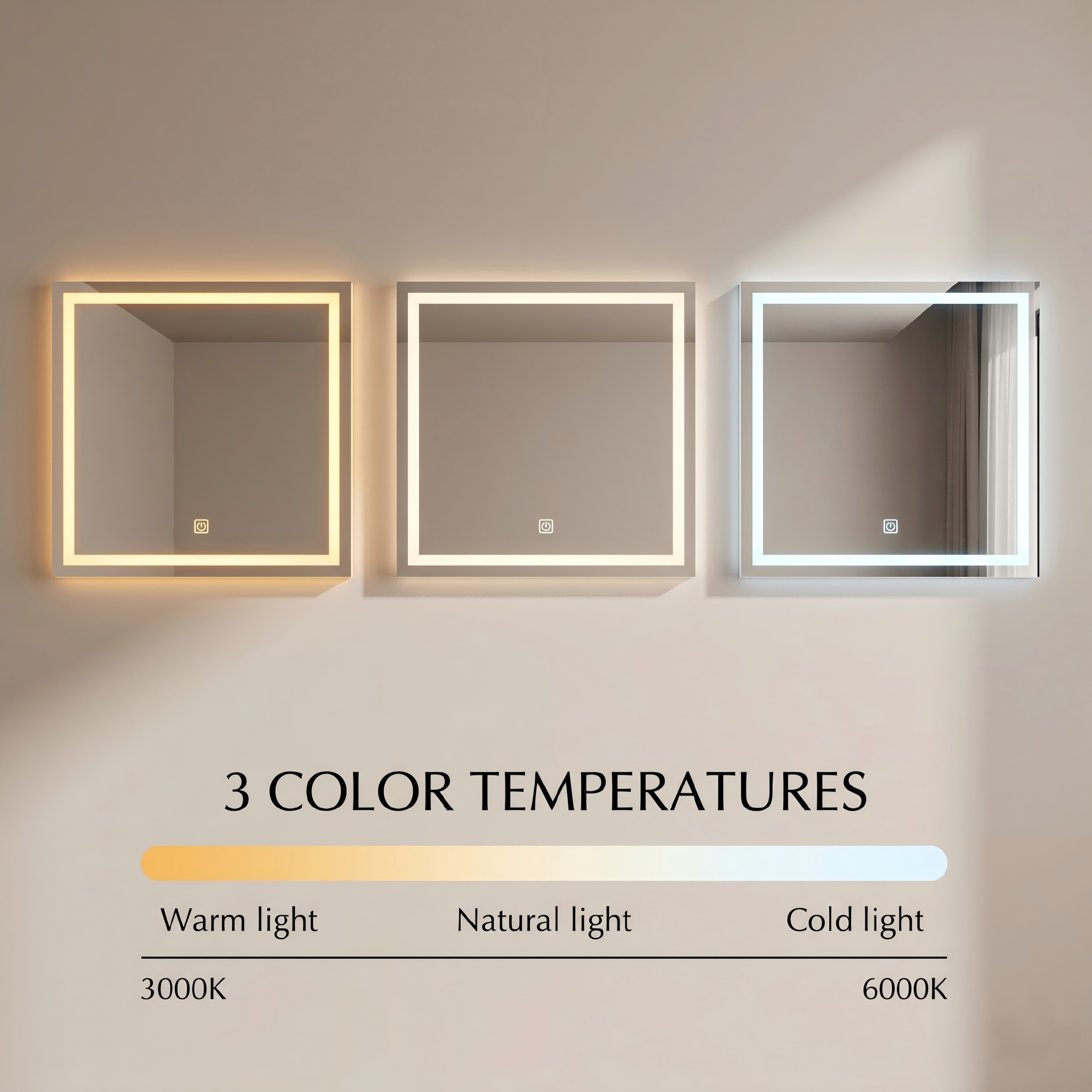 Kingstin Square LED Bathroom Mirror, Dimmable 3-Color Light, Anti-Fog, Custom Size & Time Display Smart Vanity Mirror