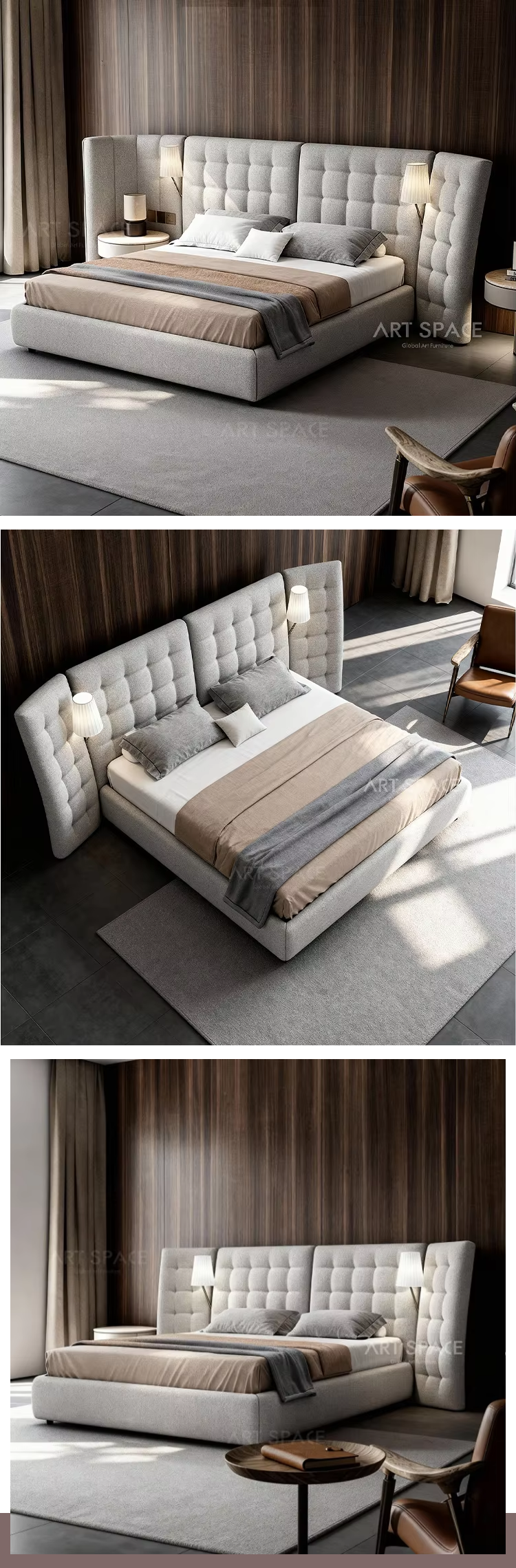 Italian Minimalist Wide-screen High-back French Wabi-sabi Style Fabric Upholstered Angel Bed