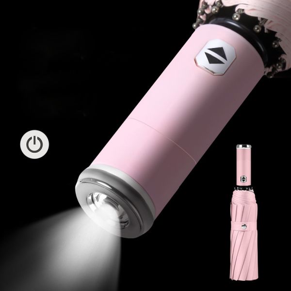 Rotating LED Flashlight Handle Automatic Folding Umbrella for Travel and Advertising