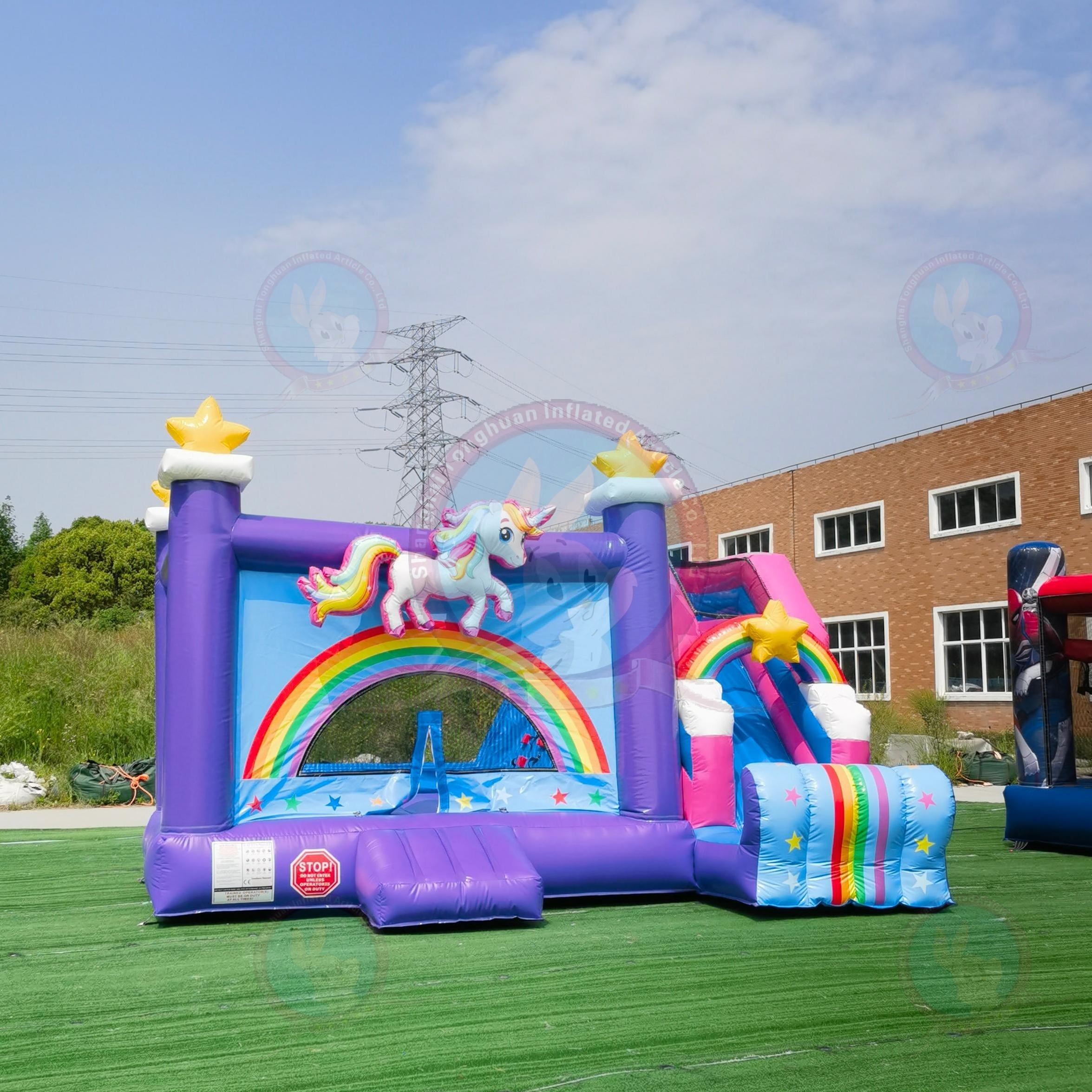 Custom Inflatable Unicorn Bounce House With Slide Rainbow Artwork And Star Decorations for Kids Party Rental Events And Outdoor Playground Projects