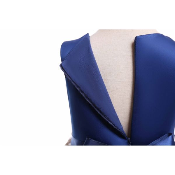 O-Neck Satin Girl Dress Embroidered Mesh Dress Dark Blue Pearl Necklace Dresses Disfraz Rapunzel Niña Enfant Girls Winte