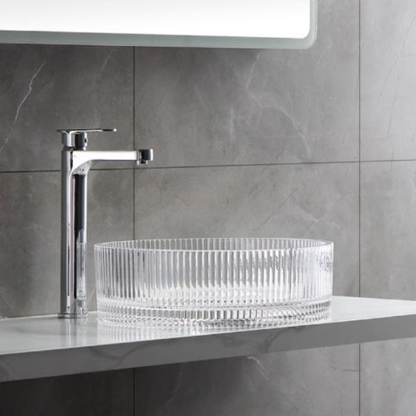 Modern Crystal Clear Glass Wash Basin Vertical Stripes Diecasting Bathroom Basin Sinks