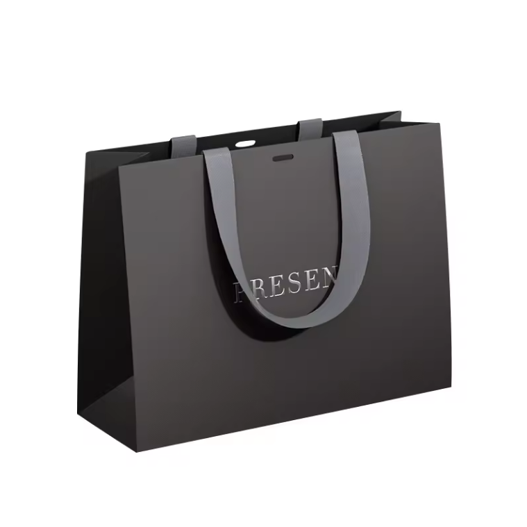 Luxury Ribbon Handle Boutique Shopping Packaging Black Paper Bags With Logo