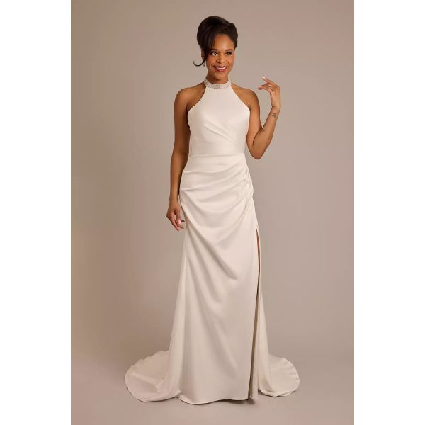 Stunning Customized Size Crystal Halter Ruffles Split Slit Sheath Chapel Train Zipper Ivory Satin Wedding Dress