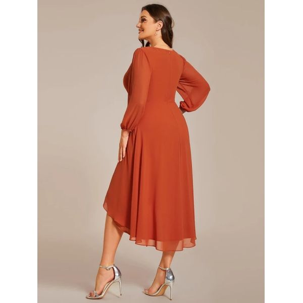 Elegant Empire Long Sleeve V-neck High Low A-line Ruffled Midi Burnt Orange Chiffon Wedding Guest Cocktail Dress