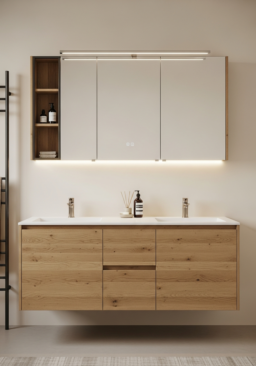 Japandi Oak Vanity with Warm Clay Basin in 304 Stainless Steel